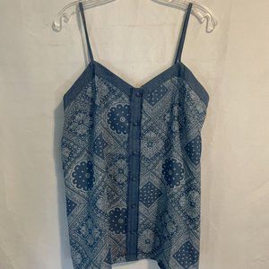 NEW Gigio Tank Spaghetti Strap Blue White Faux Button Front Elastic Across Back